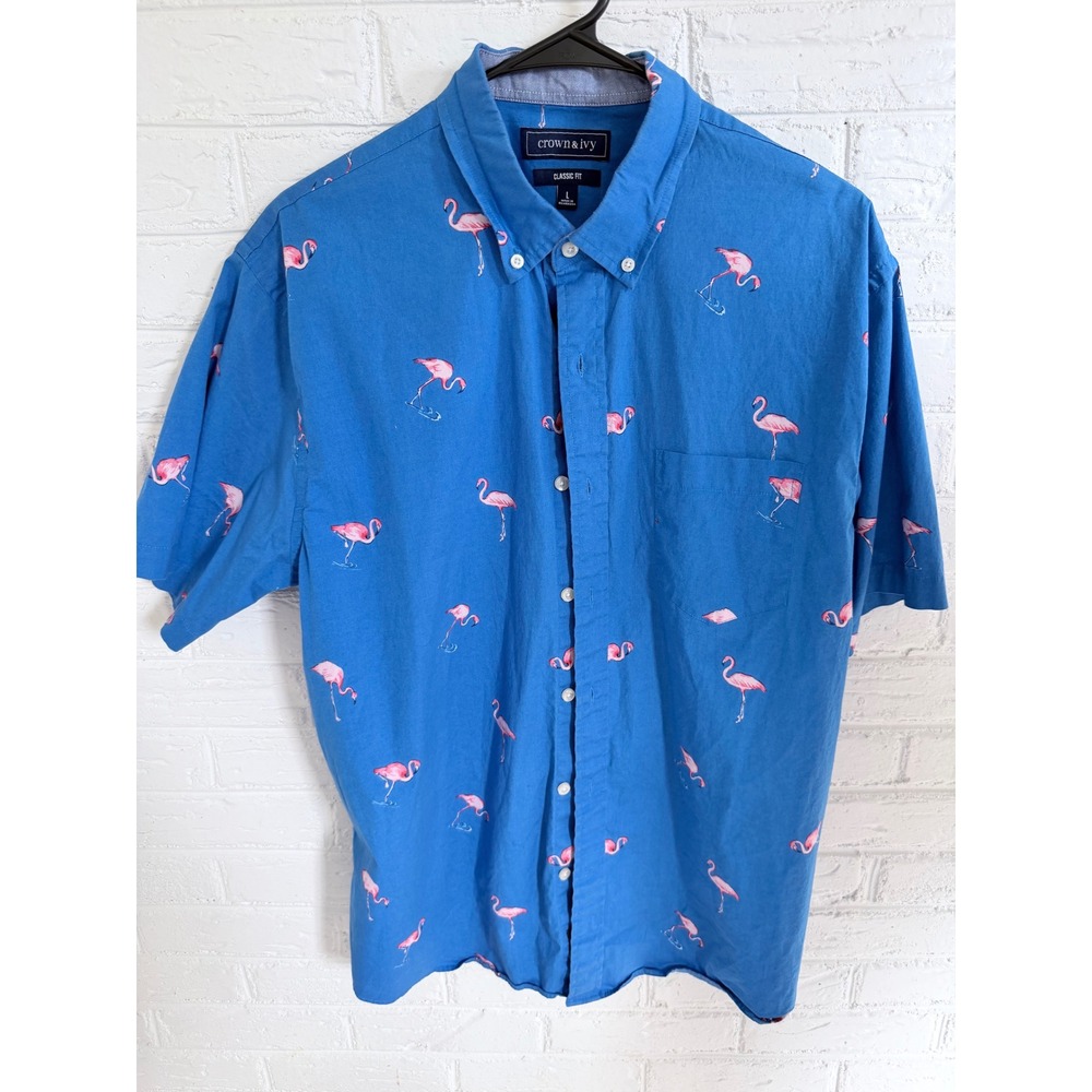 Crown‎ Ivy Mens Classic Fit Short Sleeve Button Down Flamingo Print Shirt Size L